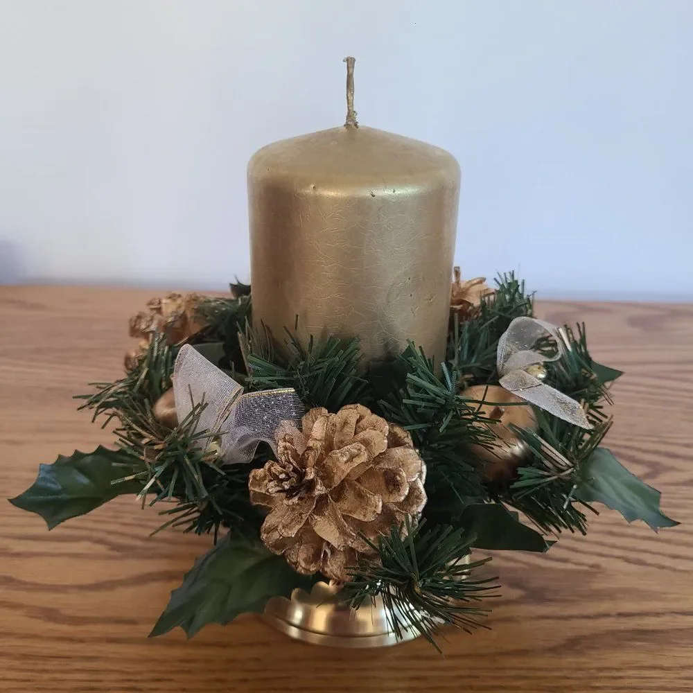 Lacquered Brass Candle Holder With Unlit Gold Candle and Holiday Candle Wreath